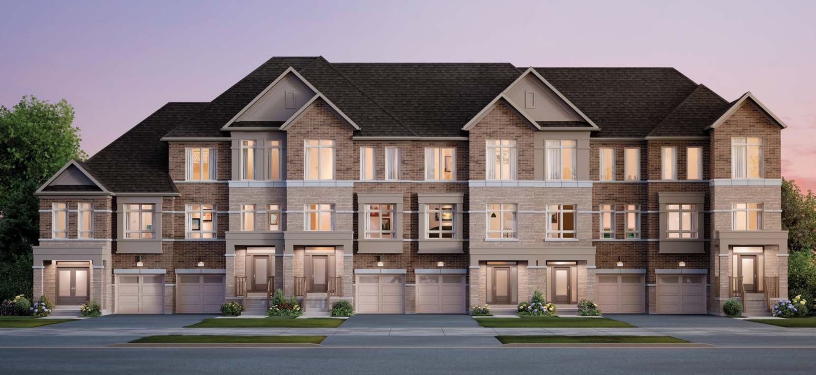 Vellore Trails Designer Collection street townhomes at dusk