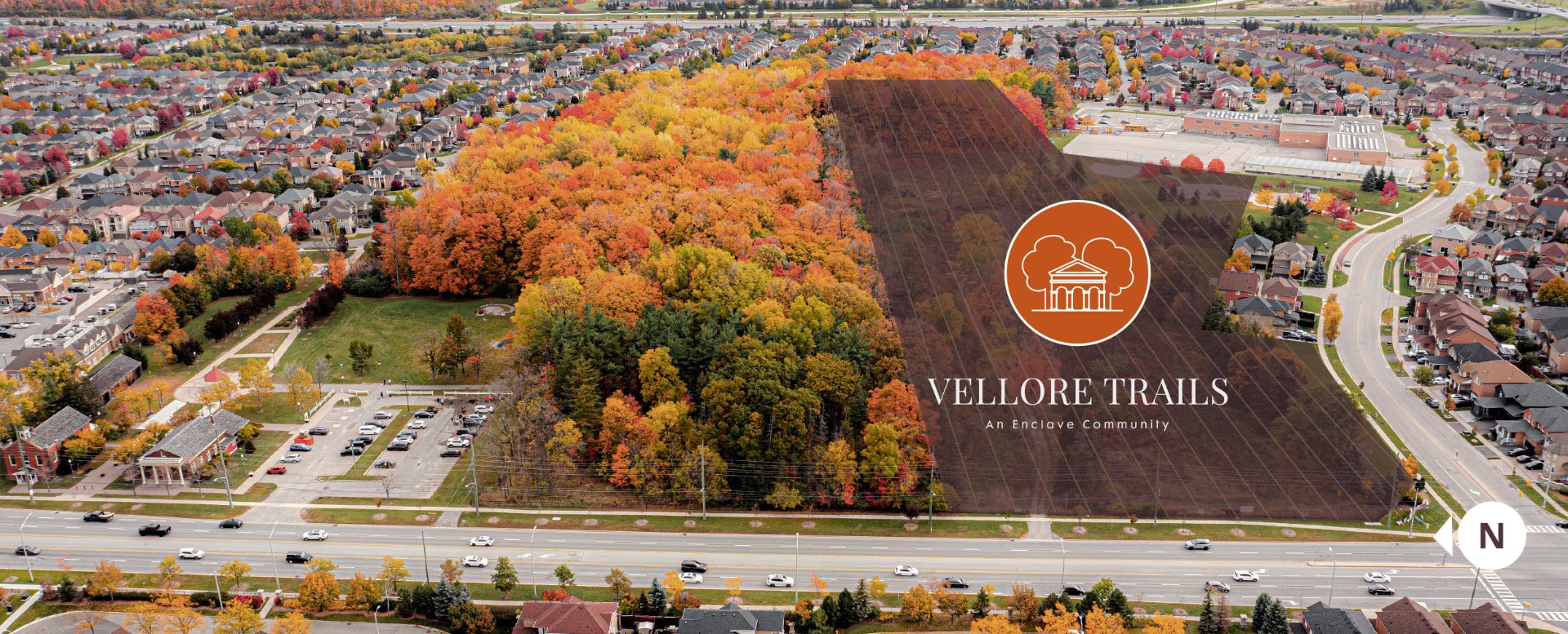 Aerial view of the Vellore Trails site beside the autumn woodlot on Weston Road