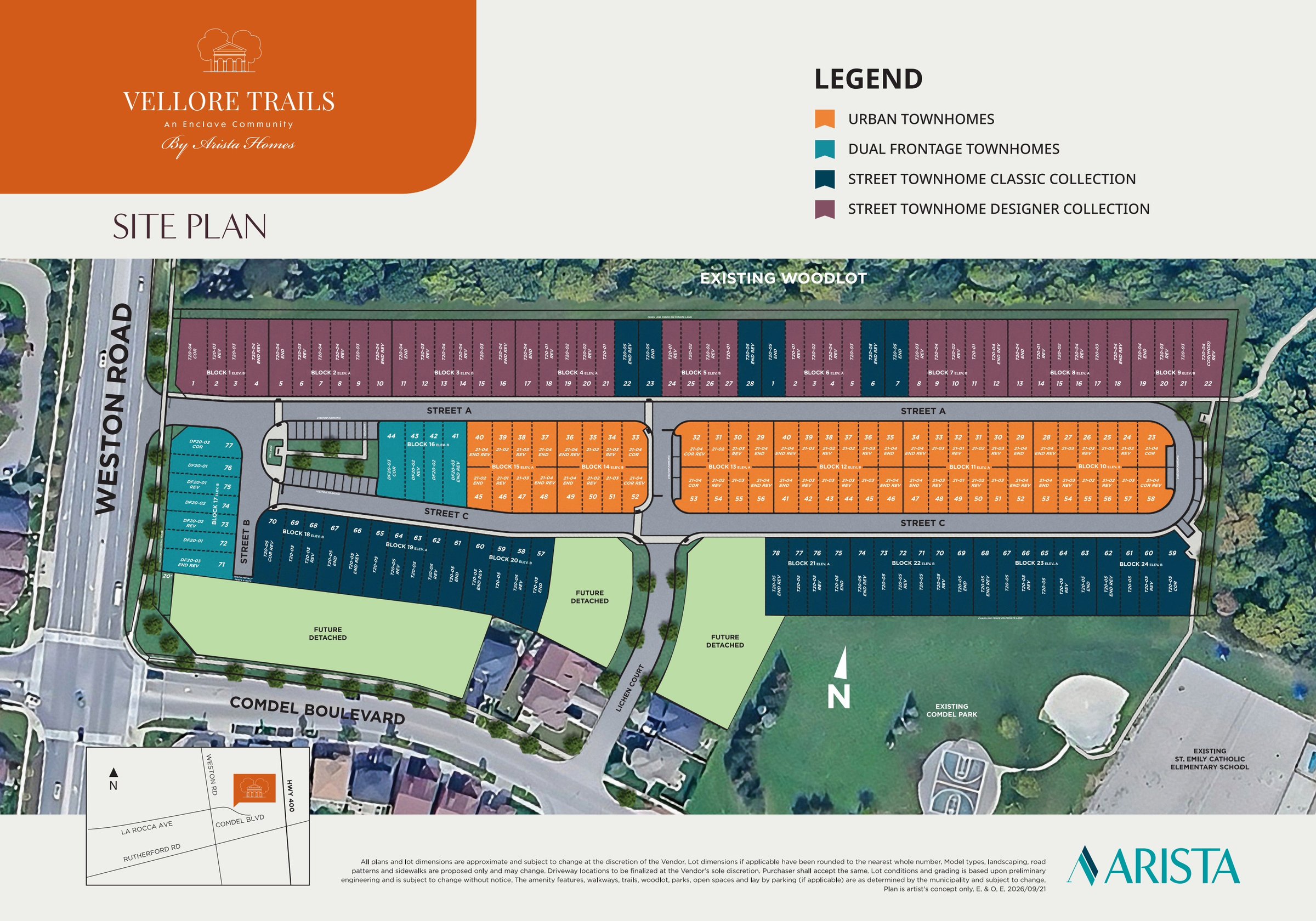 Vellore Trails site plan with urban, dual frontage and street townhome blocks beside the woodlot