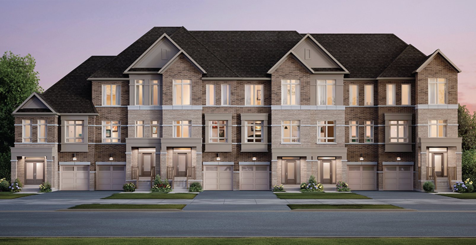 Vellore Trails street townhomes at dusk