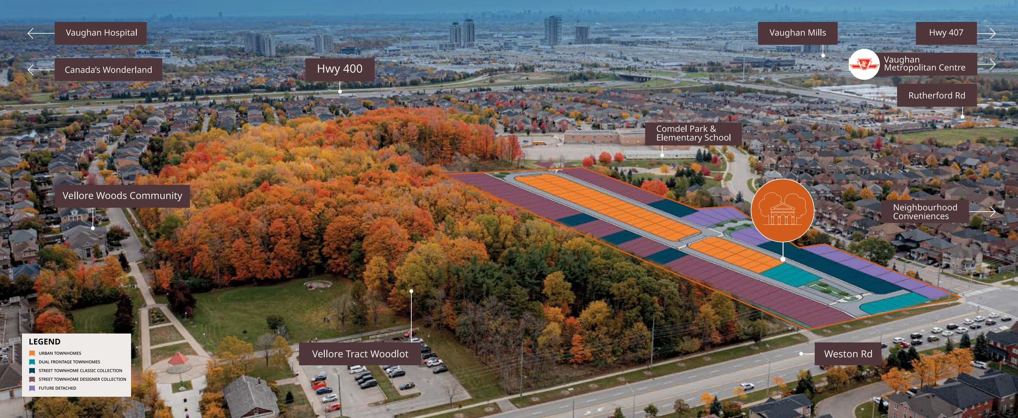Aerial view of Vellore Trails with nearby Hwy 400, Vaughan Mills and Vaughan Metropolitan Centre